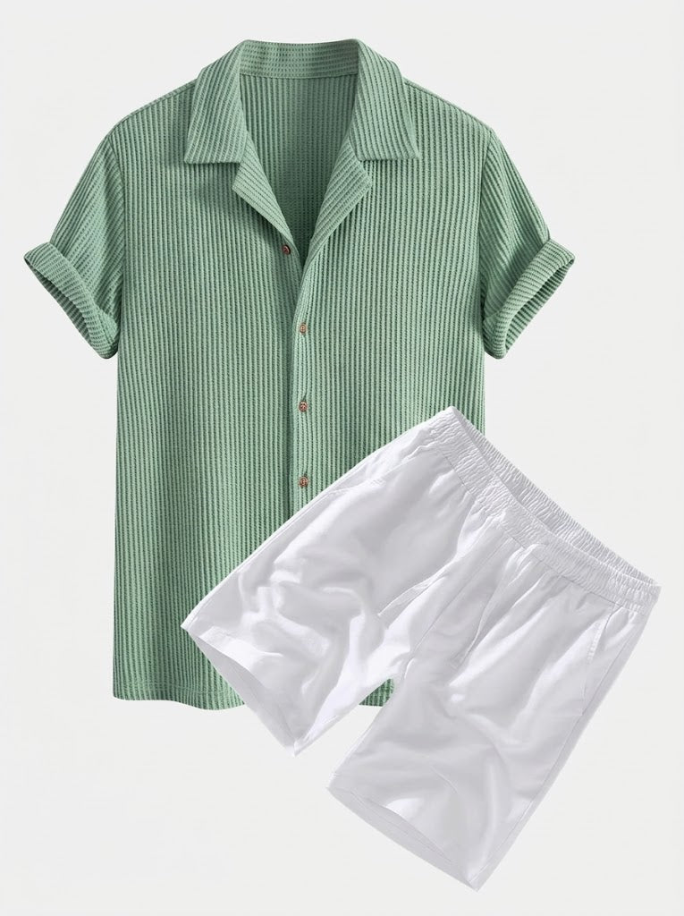 Men's Textured Waffle Resort Set Button Shirt with Linen