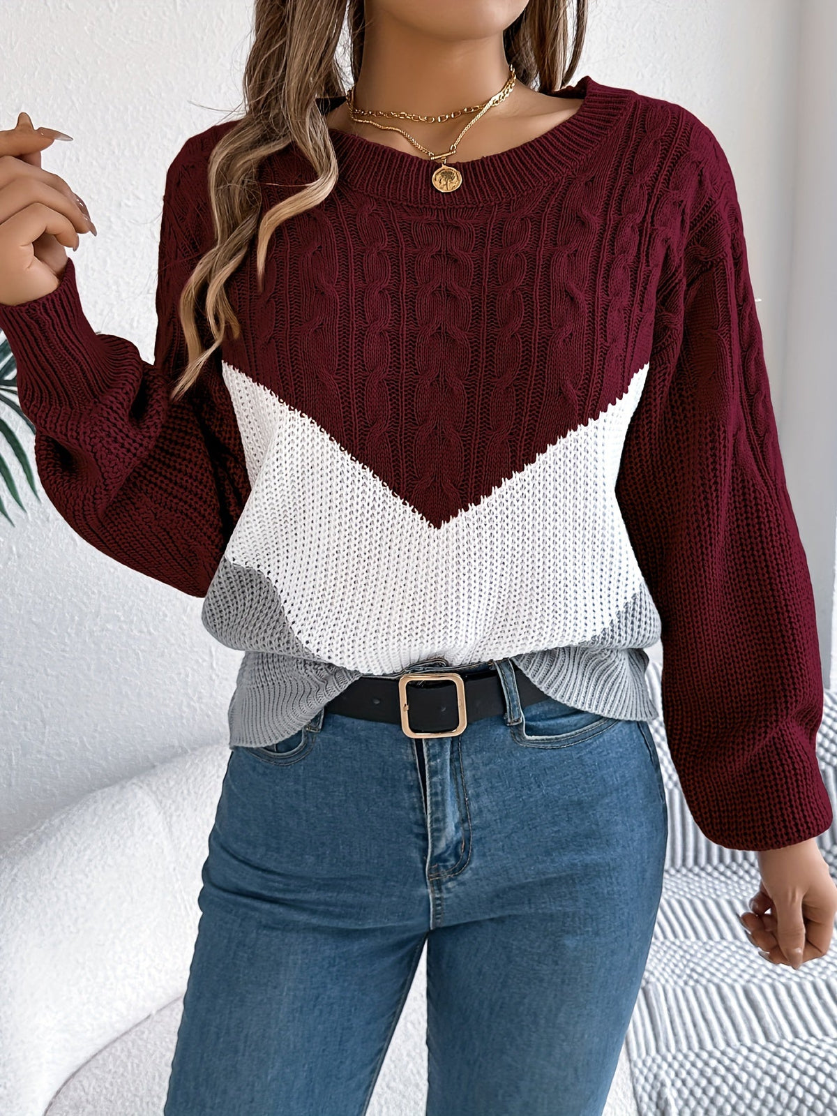 Women's Soft Knit Two-Tone Crew Sweater with Gentle Stretch
