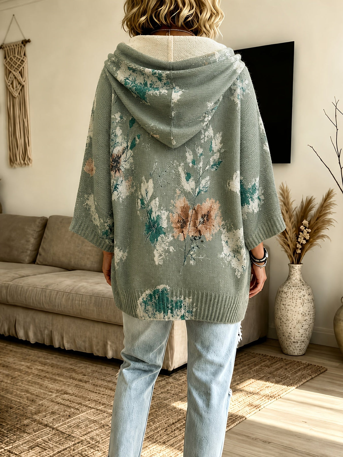 Women's Drawstring Hood Floral Knit Poncho Sweater