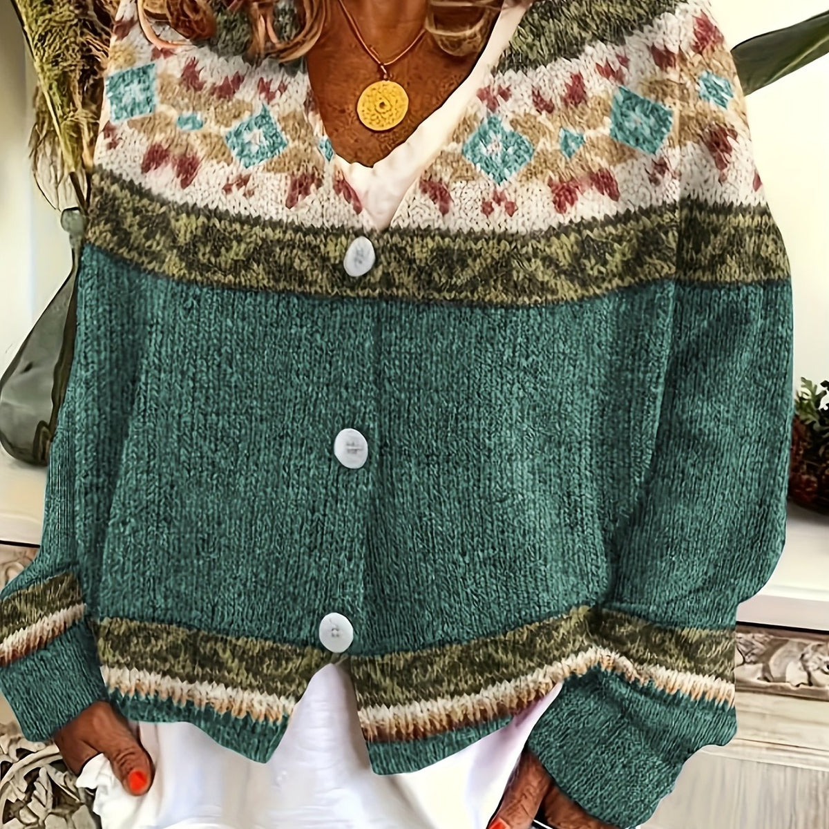 Women's Button-Up Cardigan with Retro Geometric Yoke - Green