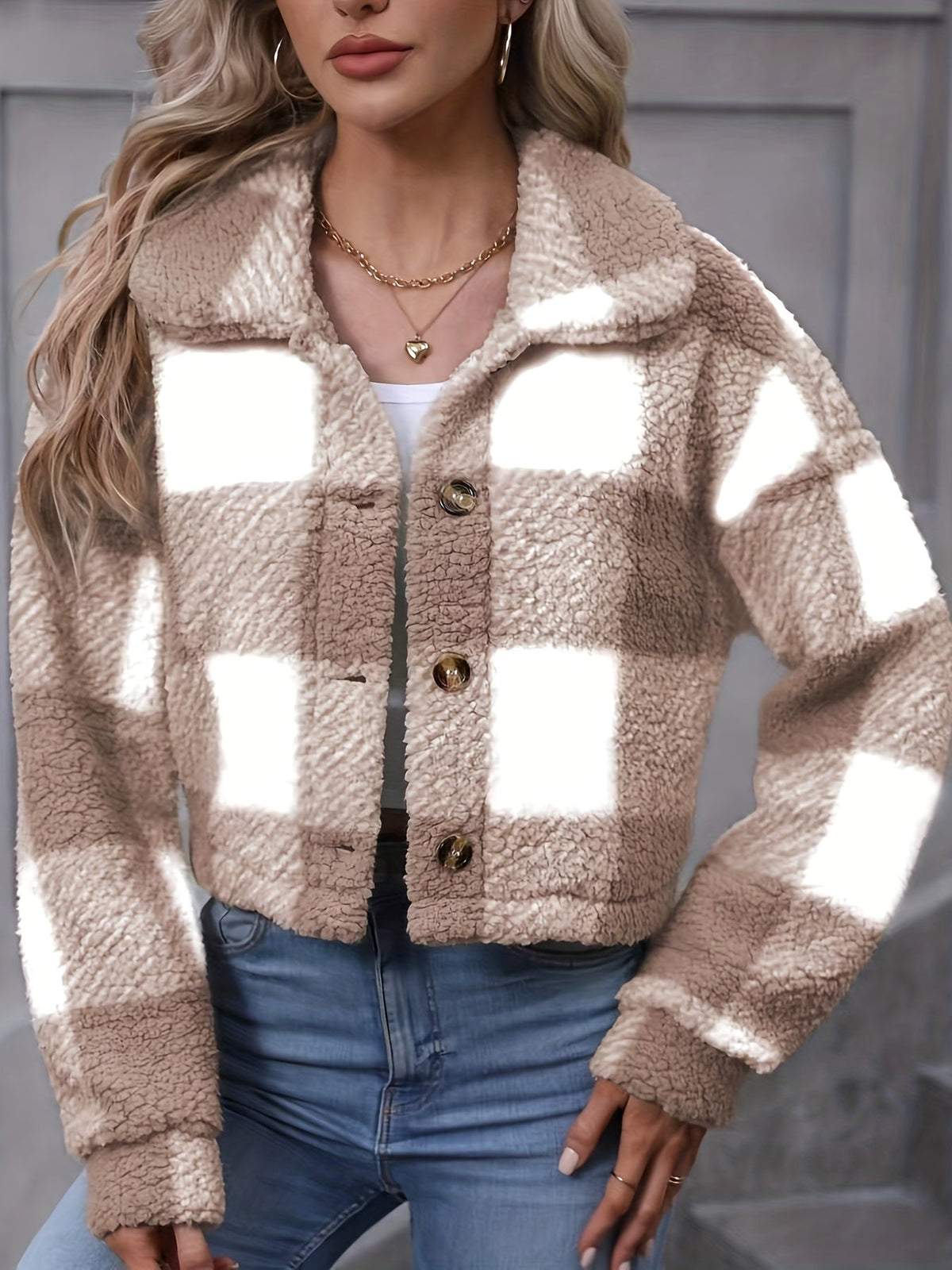 Women's Cropped Plaid Jacket with Relaxed Collar