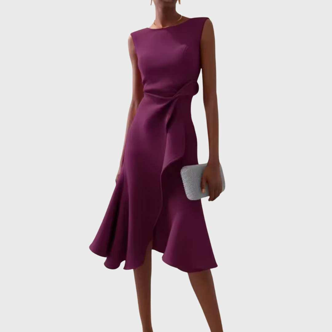 Women's Sleeveless Midi Dress With Draped Asymmetrical Hem