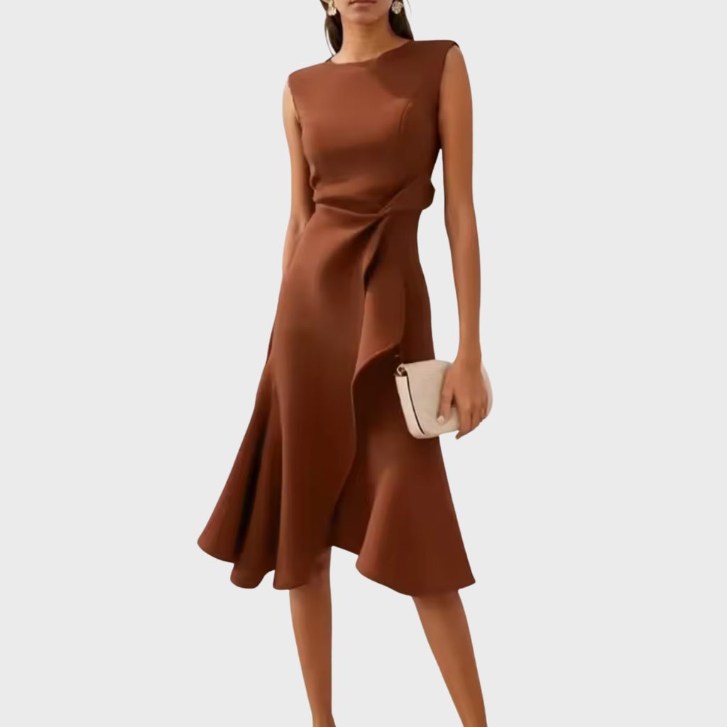 Women's Sleeveless Midi Dress With Draped Asymmetrical Hem