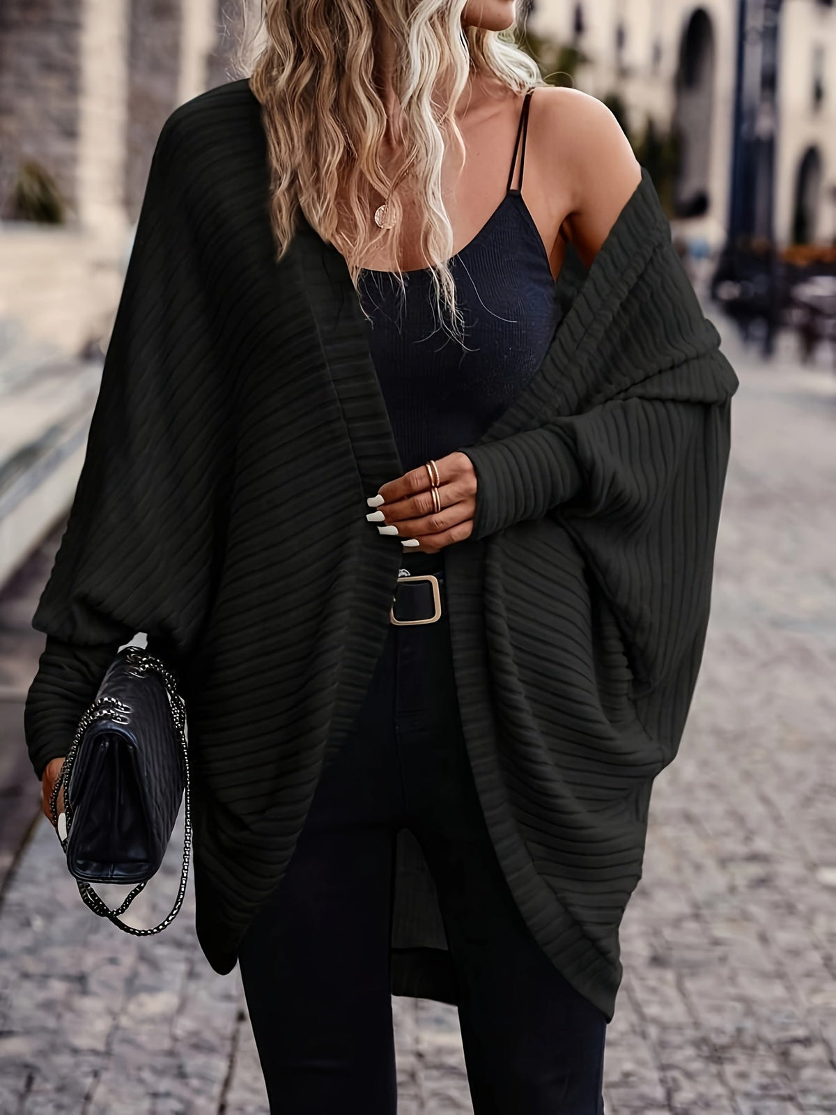 Women's Buttonless Ribbed Drape Cardigan