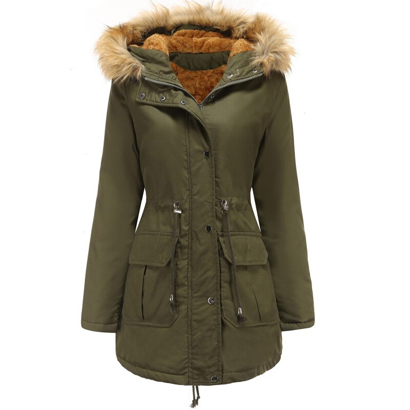 Women's Lined Hooded Parka with Zip-and-Snap Front - Olive Green