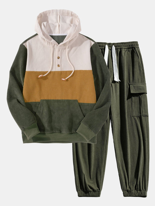 Men's Corduroy Cargo Tracksuit Patchwork Hoodie Set for Casual