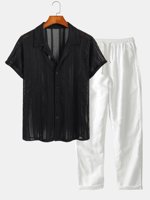 Men's Airy Mesh Shirt and Linen Blend Trousers Lightweight