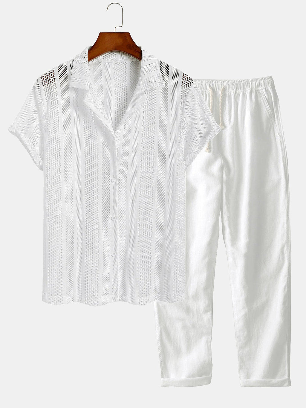 Men's Airy Mesh Shirt and Linen Blend Trousers Lightweight