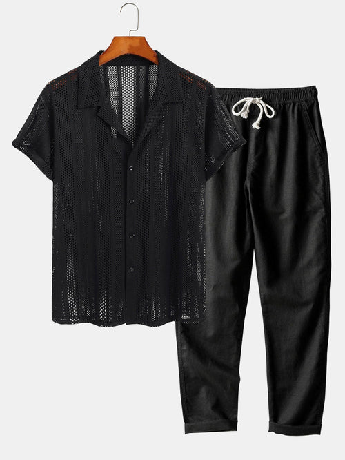 Men's Airy Mesh Shirt and Linen Blend Trousers Lightweight