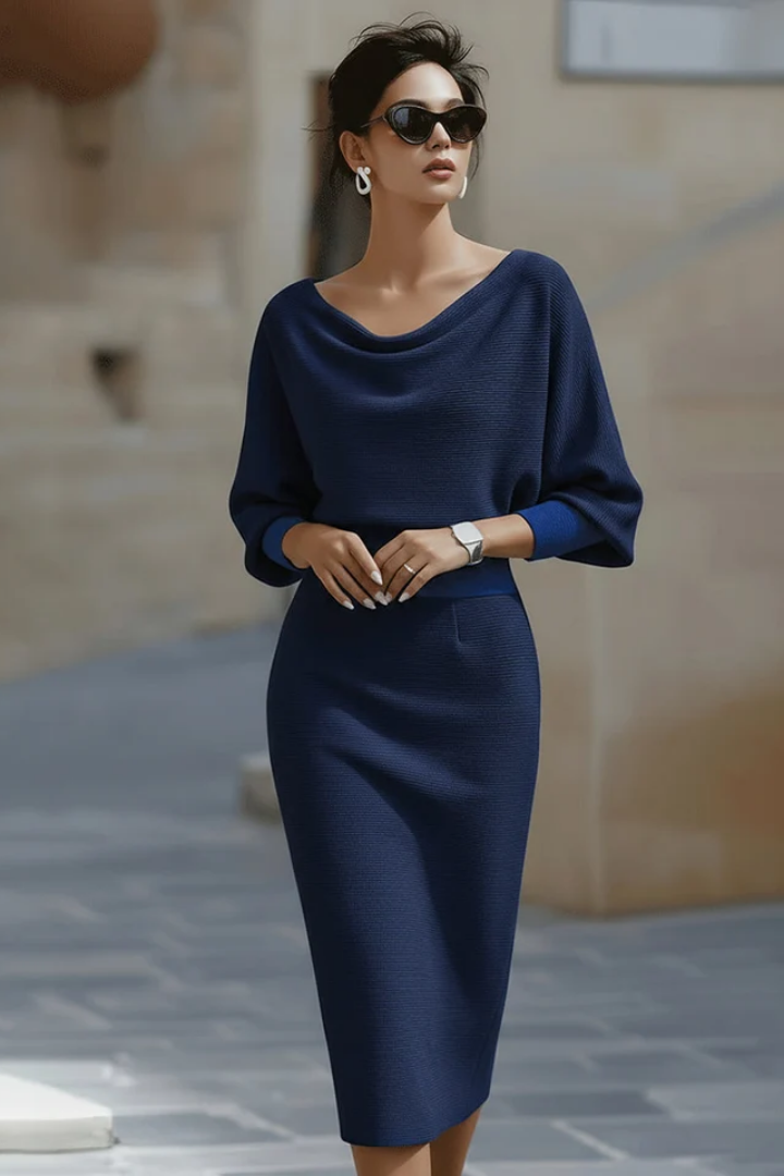 Women's Relaxed Cowl Drape Midi Dress with Loose Sleeves