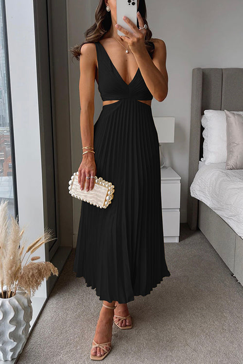 Women's Pleated Cut-Out V-Neck Evening Maxi Dress