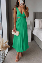 Women's Pleated Cut-Out V-Neck Evening Maxi Dress