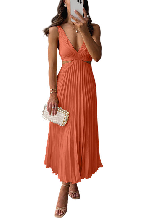 Women's Pleated Cut-Out V-Neck Evening Maxi Dress