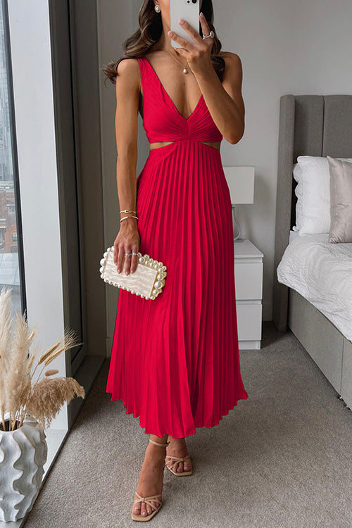 Women's Pleated Cut-Out V-Neck Evening Maxi Dress