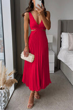 Women's Pleated Cut-Out V-Neck Evening Maxi Dress
