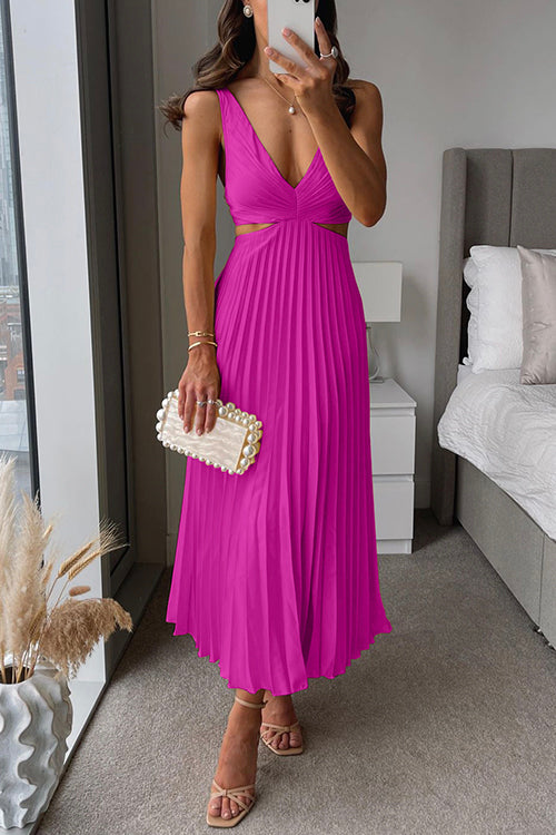 Women's Pleated Cut-Out V-Neck Evening Maxi Dress