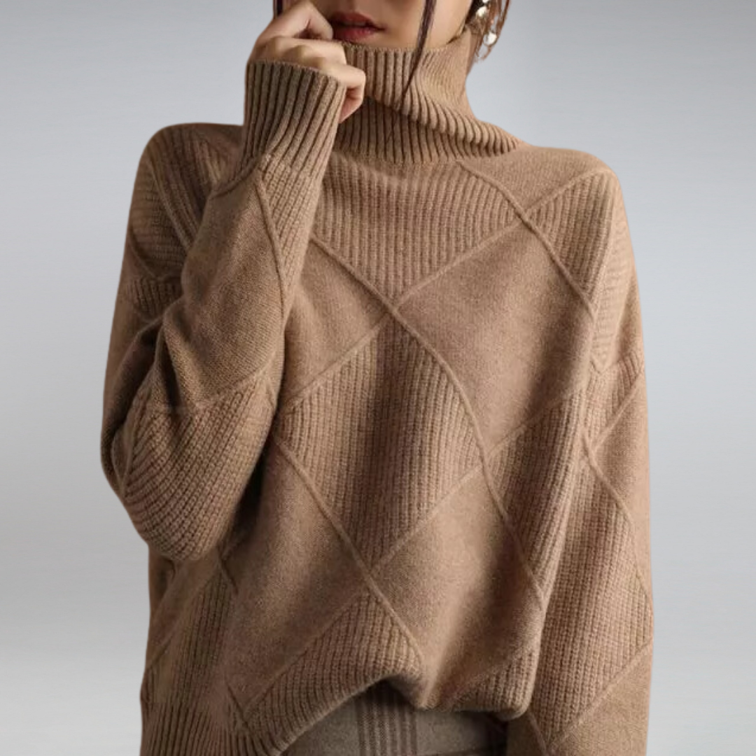 Women's Diamond Knit Turtleneck Pullover in Warm Wool Blend - Brown