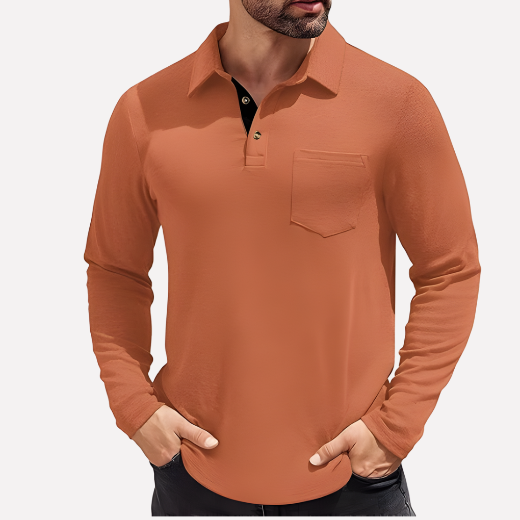 Men's Long Sleeve Polo Shirt Chest Pocket Casual Fit