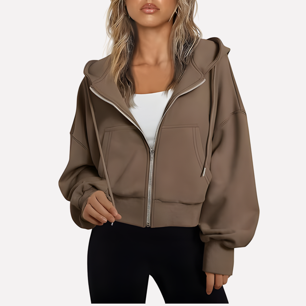 Women's Zip Hoodie Relaxed Fit Cropped Drawstring Jacket