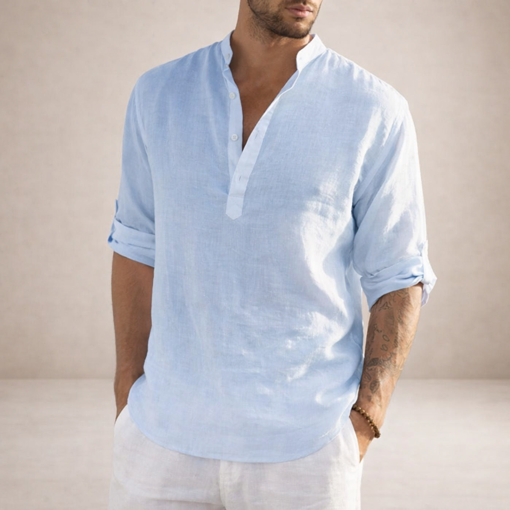 Men's Linen Shirt Open Placket Roll Sleeve Resort Fit