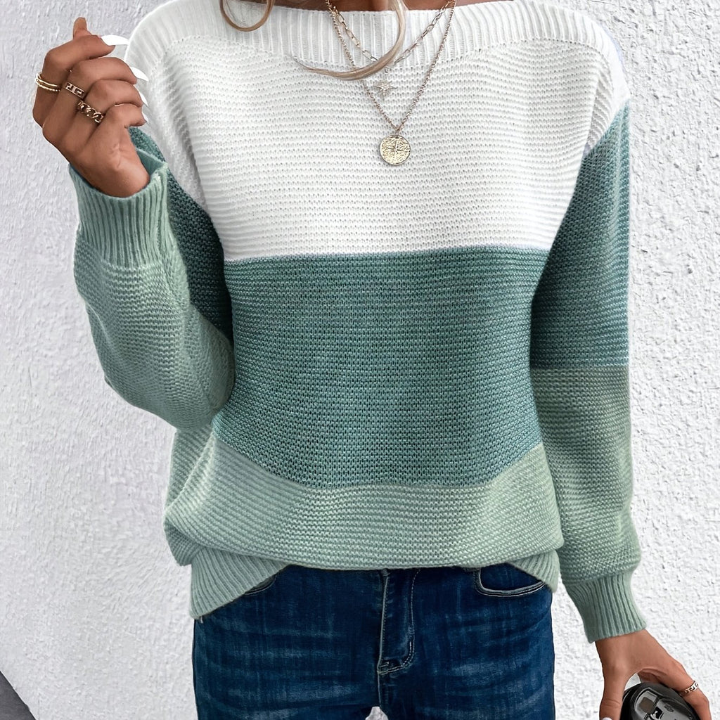 Women's Relaxed Contrast Block Knit Sweater - Green