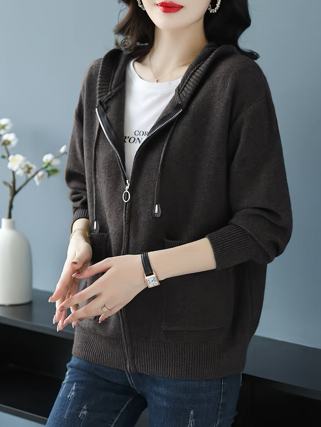 Women's Soft Knit Full-Zip Hoodie Cardigan with Pockets