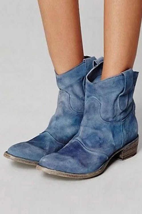 Women's Vintage Western Suede Booties with Stacked Heel - Blue