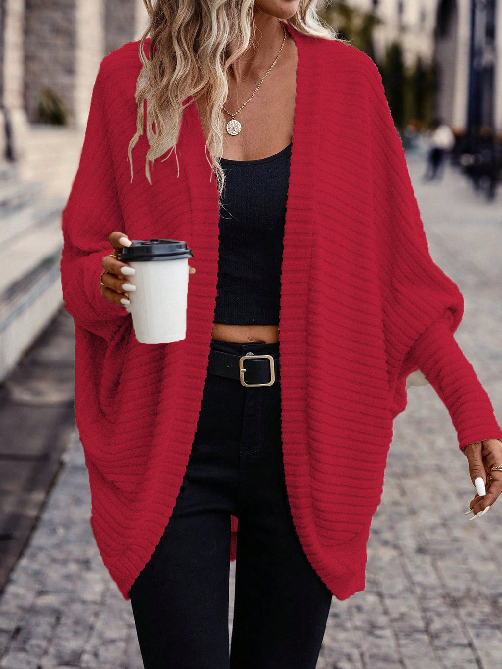 Women's Buttonless Ribbed Drape Cardigan