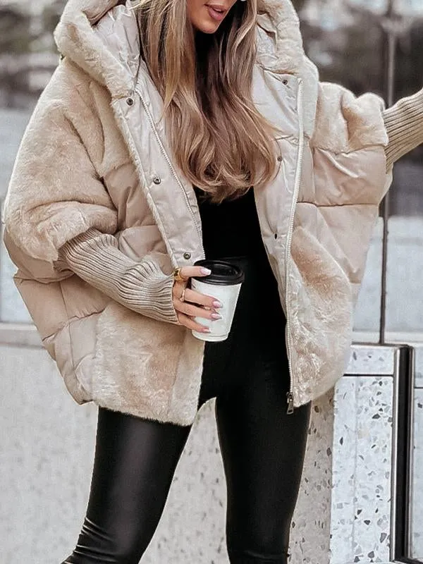 Women's Thermal Padded Puffer with Faux Fur Shoulders and Hood - Beige