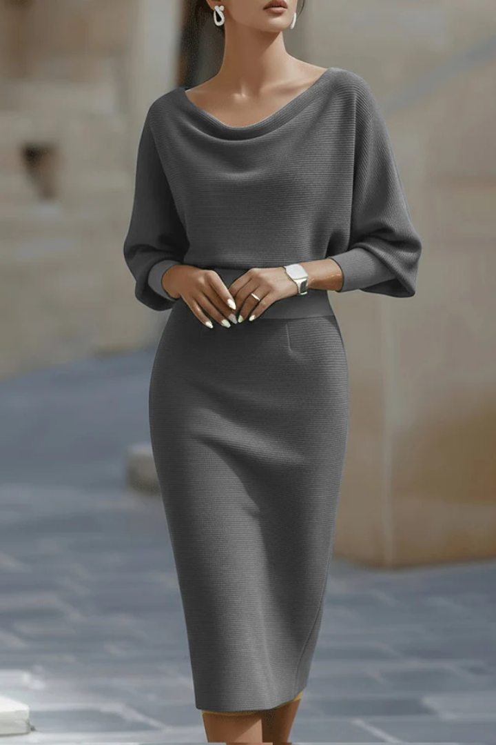 Women's Relaxed Cowl Drape Midi Dress with Loose Sleeves - Gray