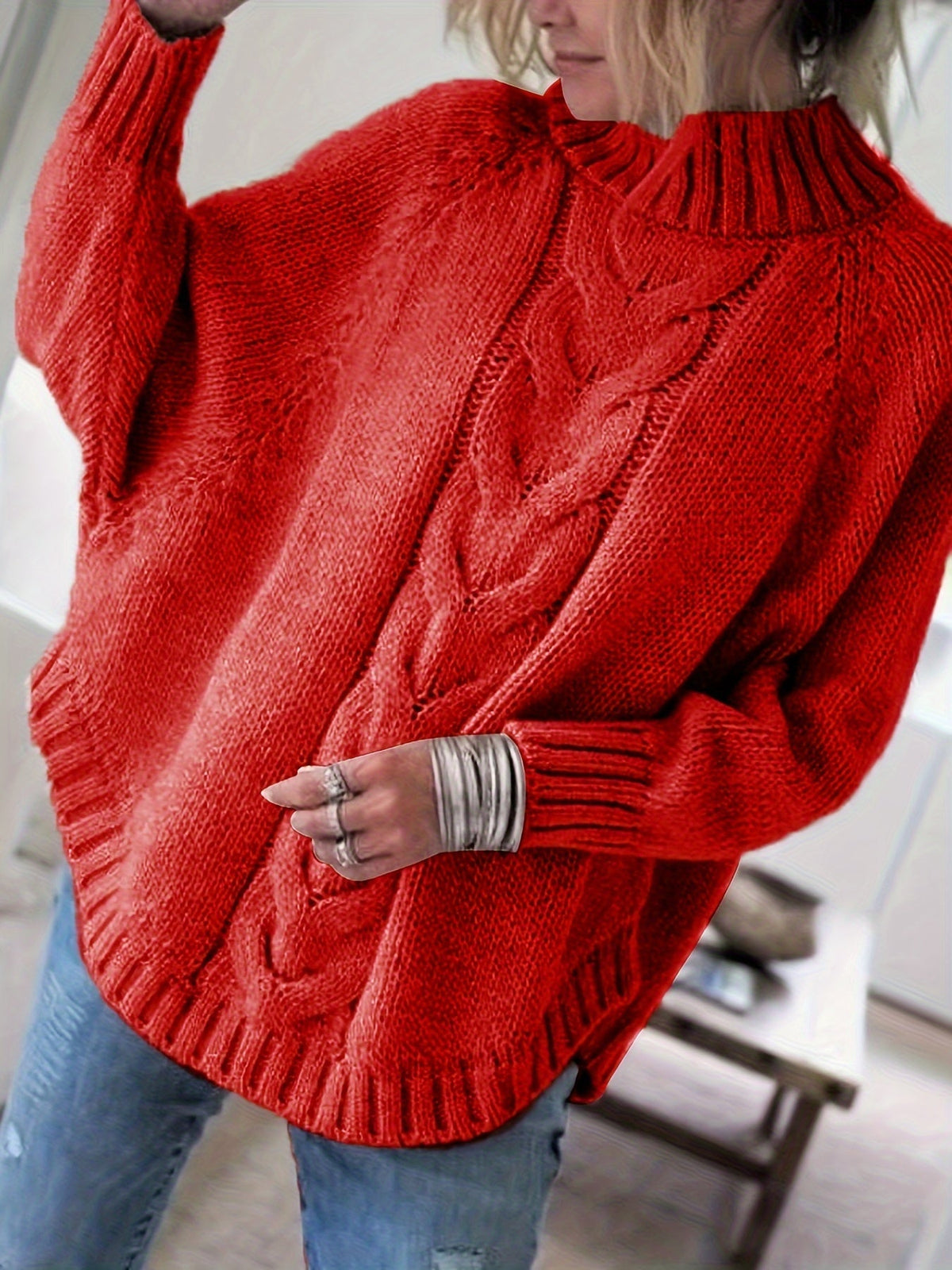 Women's Thick Textured High-Neck Sweater with Cable Detail