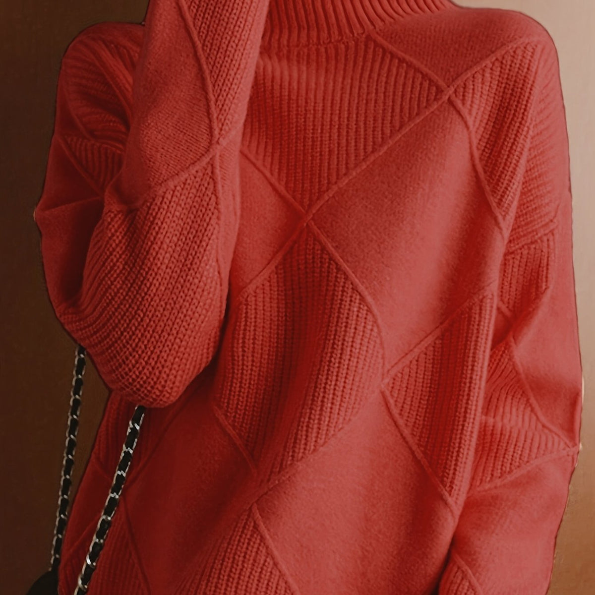 Women's Insulating Knit Turtleneck with Diamond Stitch Detail - Red