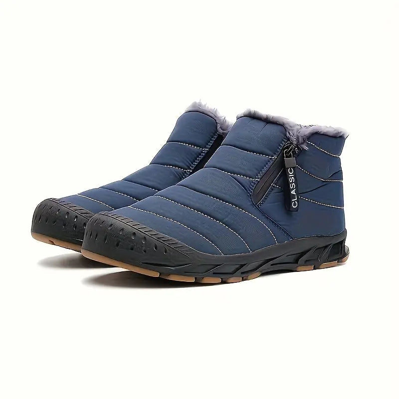Men's Horizontal Quilted Zip Winter Boots with Plush Lining - Navy Blue