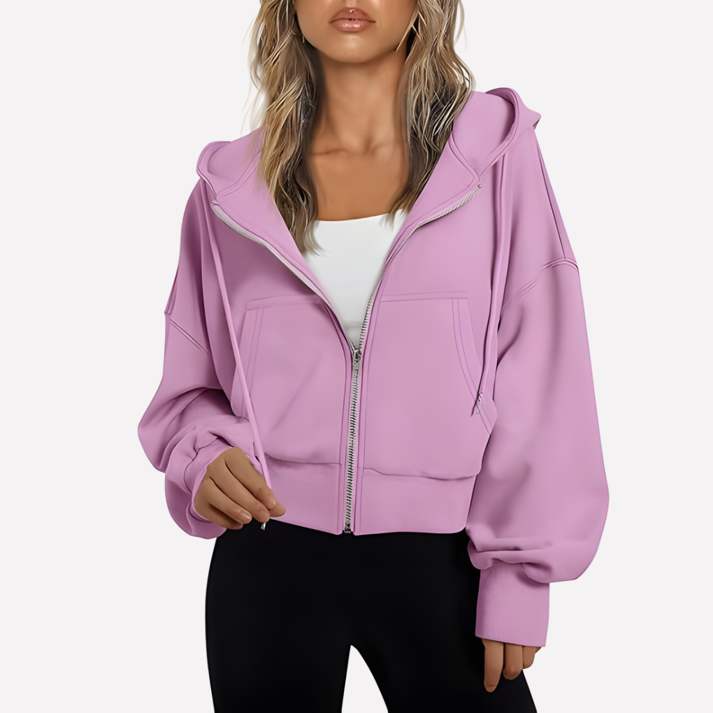 Women's Zip Hoodie Relaxed Fit Cropped Drawstring Jacket