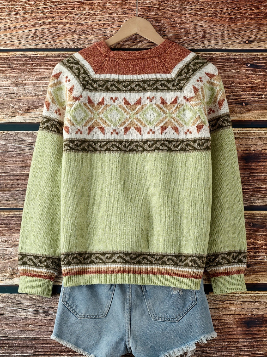 Women's Button-Up Cardigan with Retro Geometric Yoke
