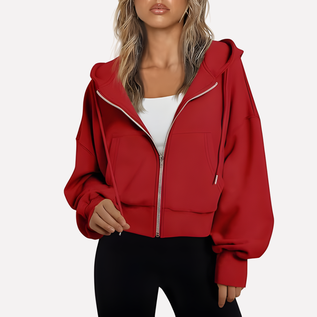 Women's Zip Hoodie Relaxed Fit Cropped Drawstring Jacket