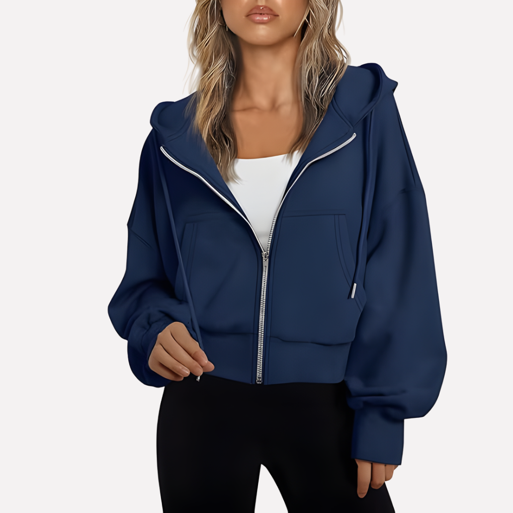 Women's Zip Hoodie Relaxed Fit Cropped Drawstring Jacket