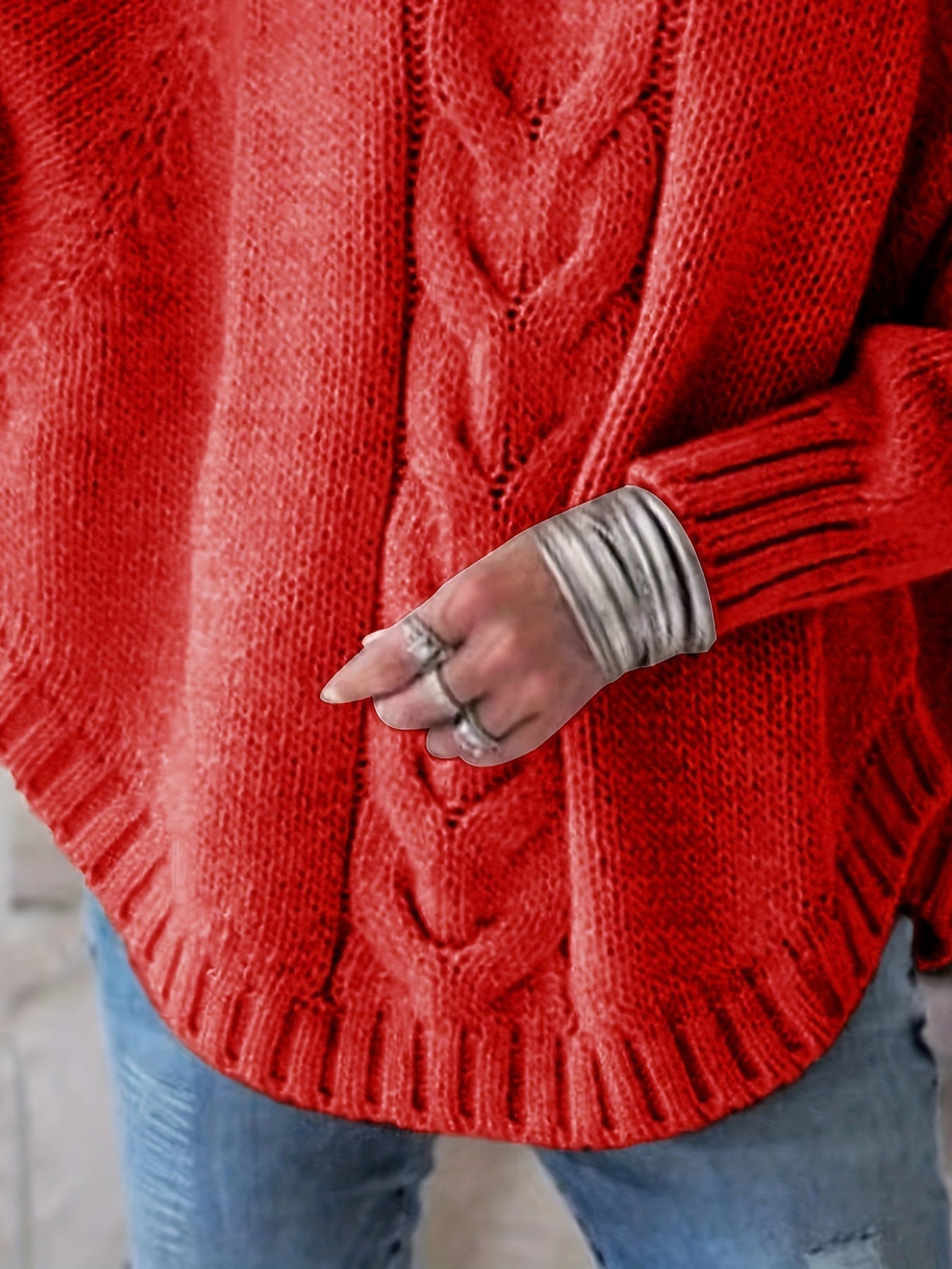 Women's Thick Textured High-Neck Sweater with Cable Detail