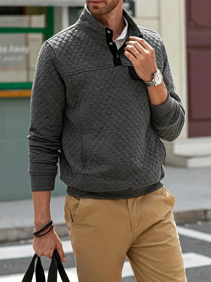 Men's Quilted Pullover Sweater with Buttoned Stand Collar