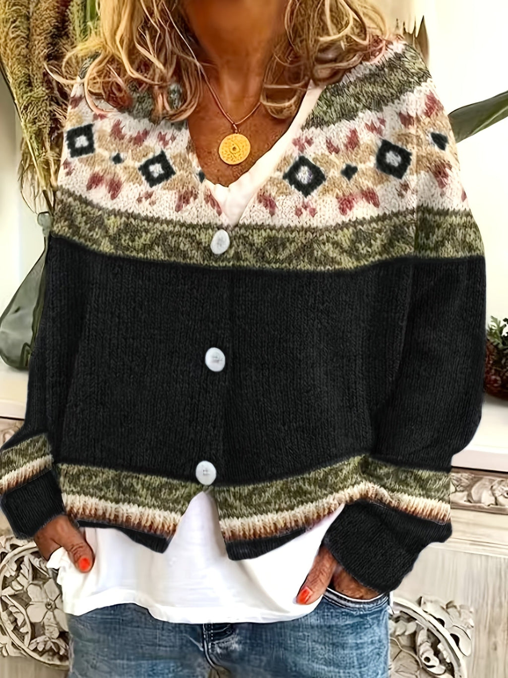 Women's Button-Up Cardigan with Retro Geometric Yoke