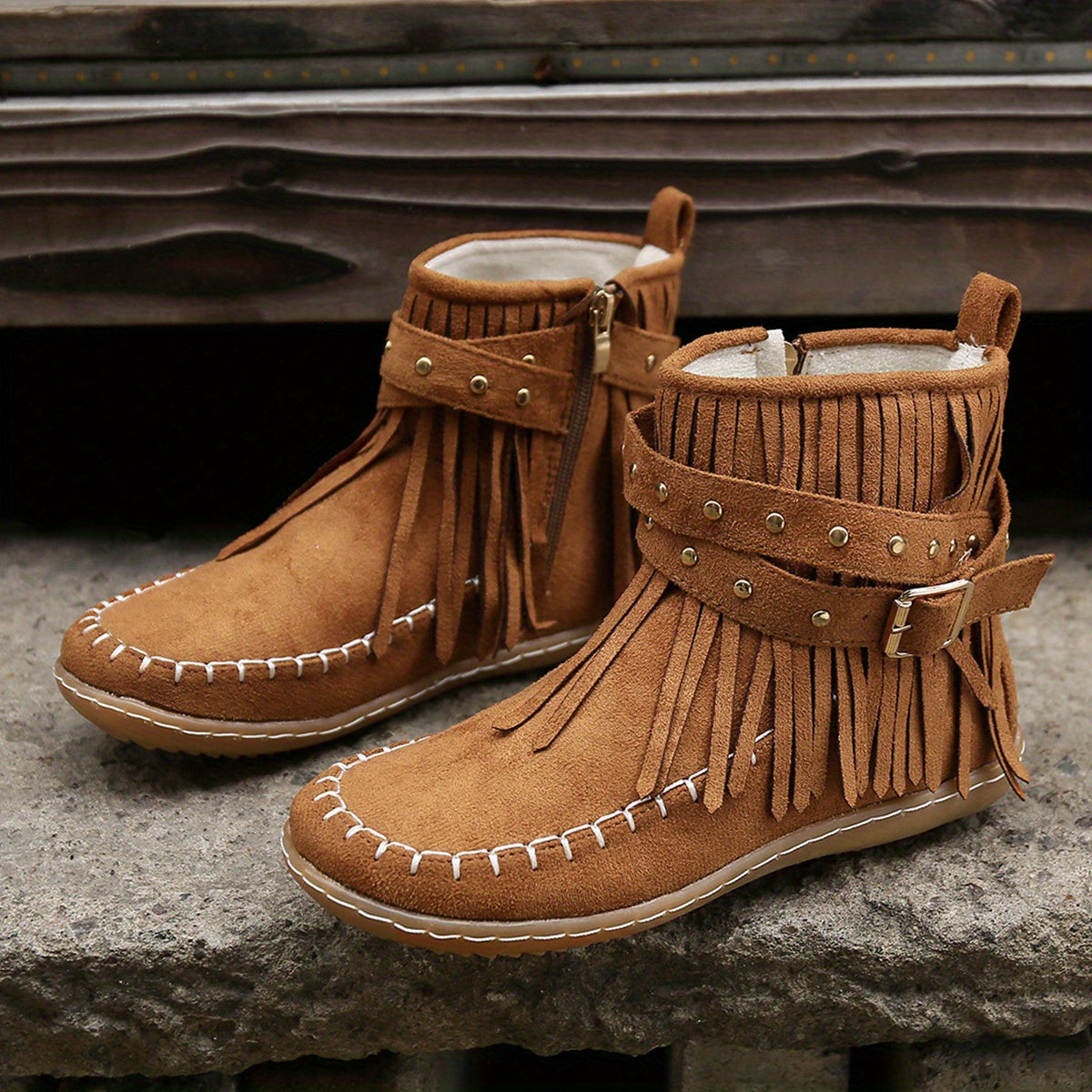 Women's Cushioned Cowgirl Booties with Swinging Fringe - Brown