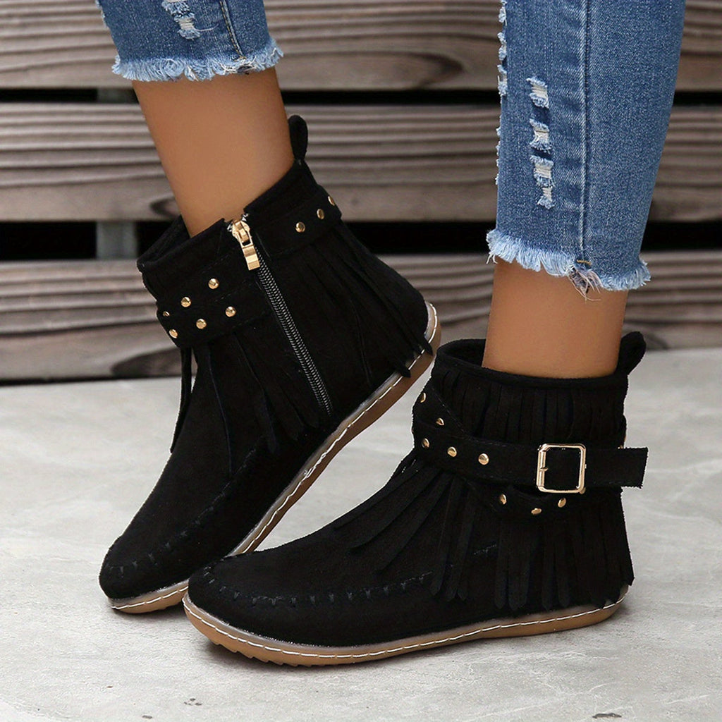 Women's Cushioned Cowgirl Booties with Swinging Fringe - Black