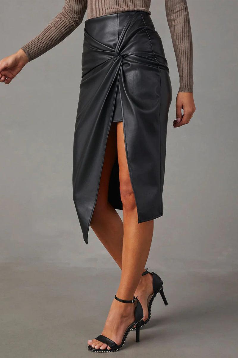 Women's Leather Look Skirt Twisted Front Slit Design
