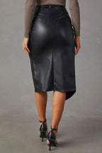 Women's Leather Look Skirt Twisted Front Slit Design