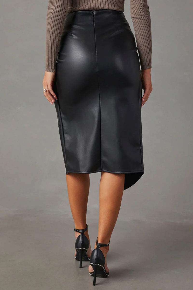 Women's Leather Look Skirt Twisted Front Slit Design