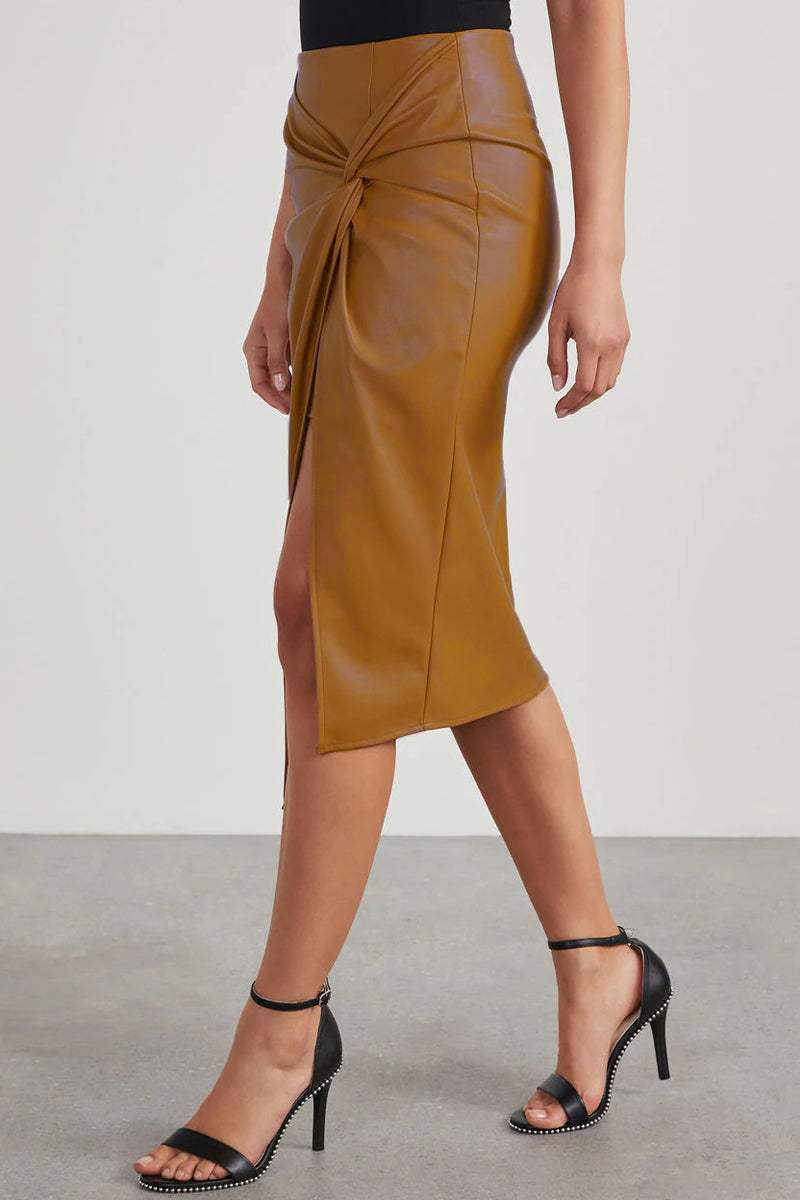 Women's Leather Look Skirt Twisted Front Slit Design