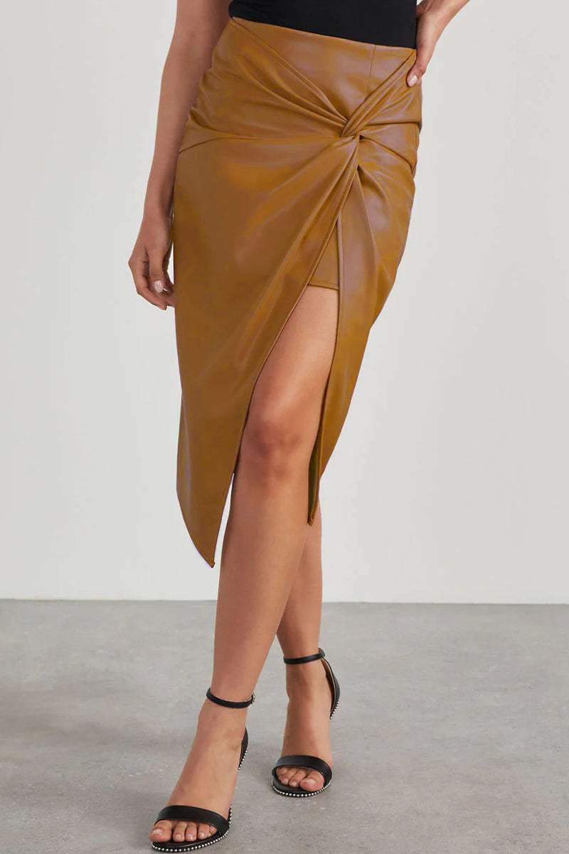 Women's Leather Look Skirt Twisted Front Slit Design