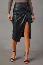 Women's Leather Look Skirt Twisted Front Slit Design