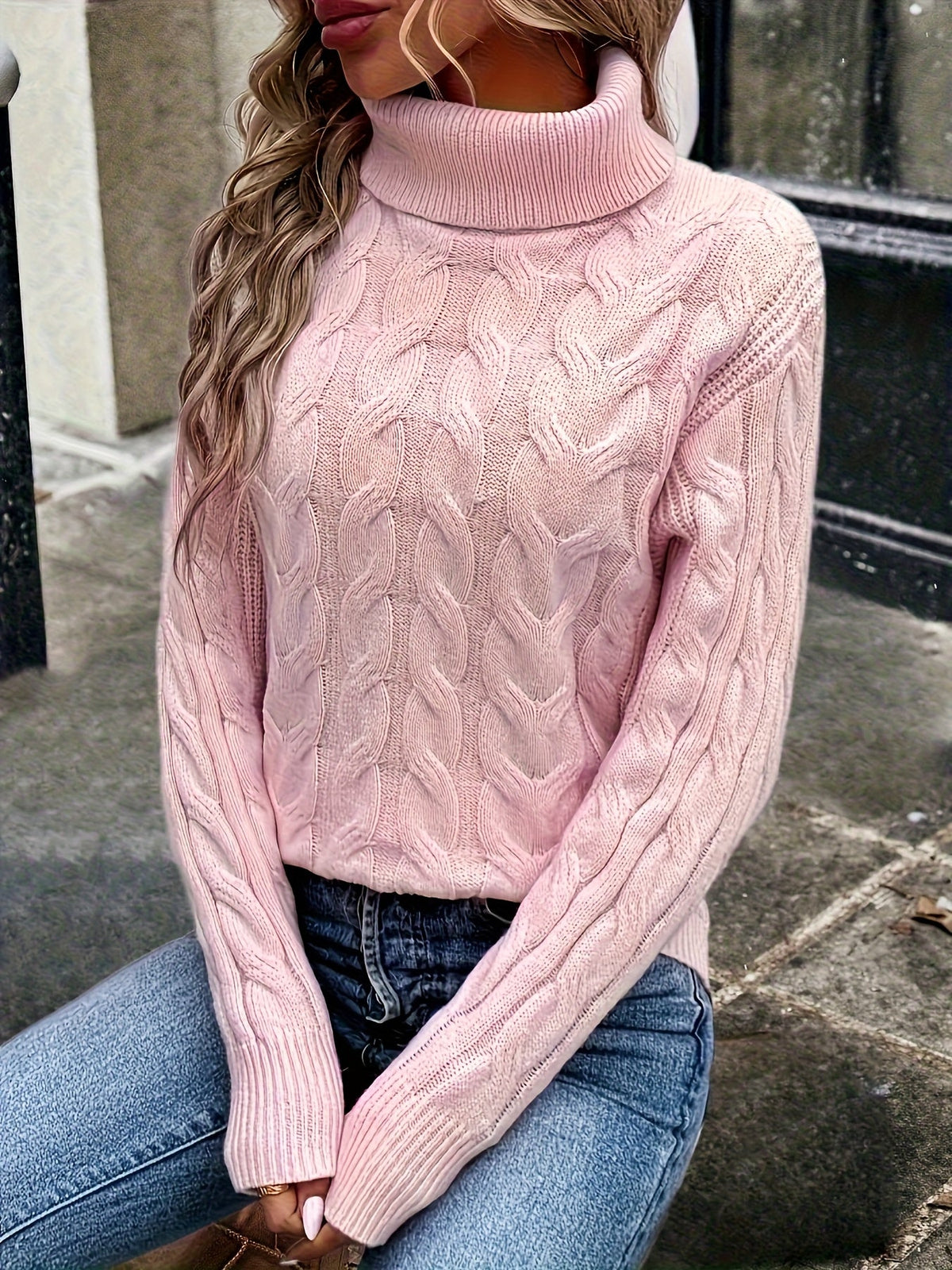 Women's Everyday Turtleneck Pullover with Twisted Cable Knit