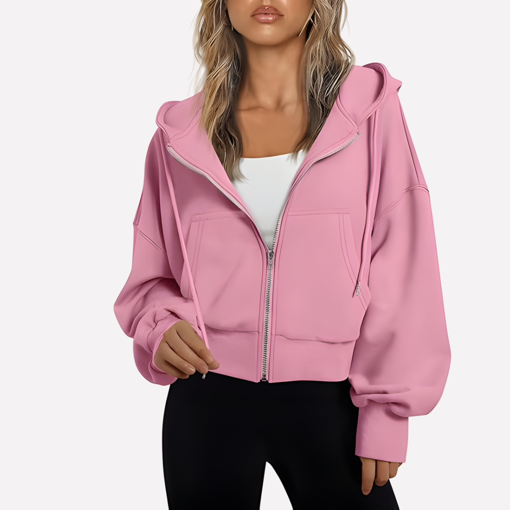 Women's Zip Hoodie Relaxed Fit Cropped Drawstring Jacket
